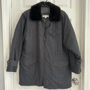 VTG 90s Jones New York Coat Size M Zip Cut Faux Fur Collar Waist Cinch Pockets